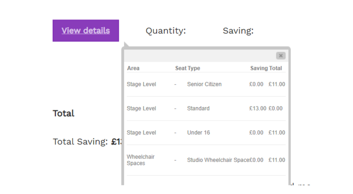 Example of the broken down list you see of ticket types and prices when you click 'View Details'